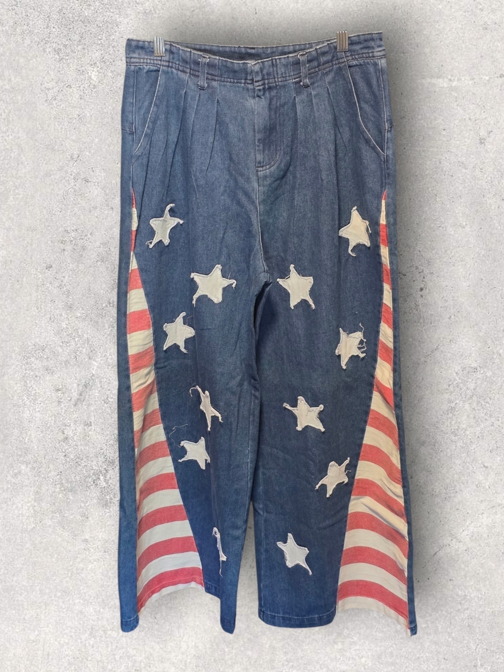 BiBi Denim Wide-Leg Pants with Stars & Flag Panels
